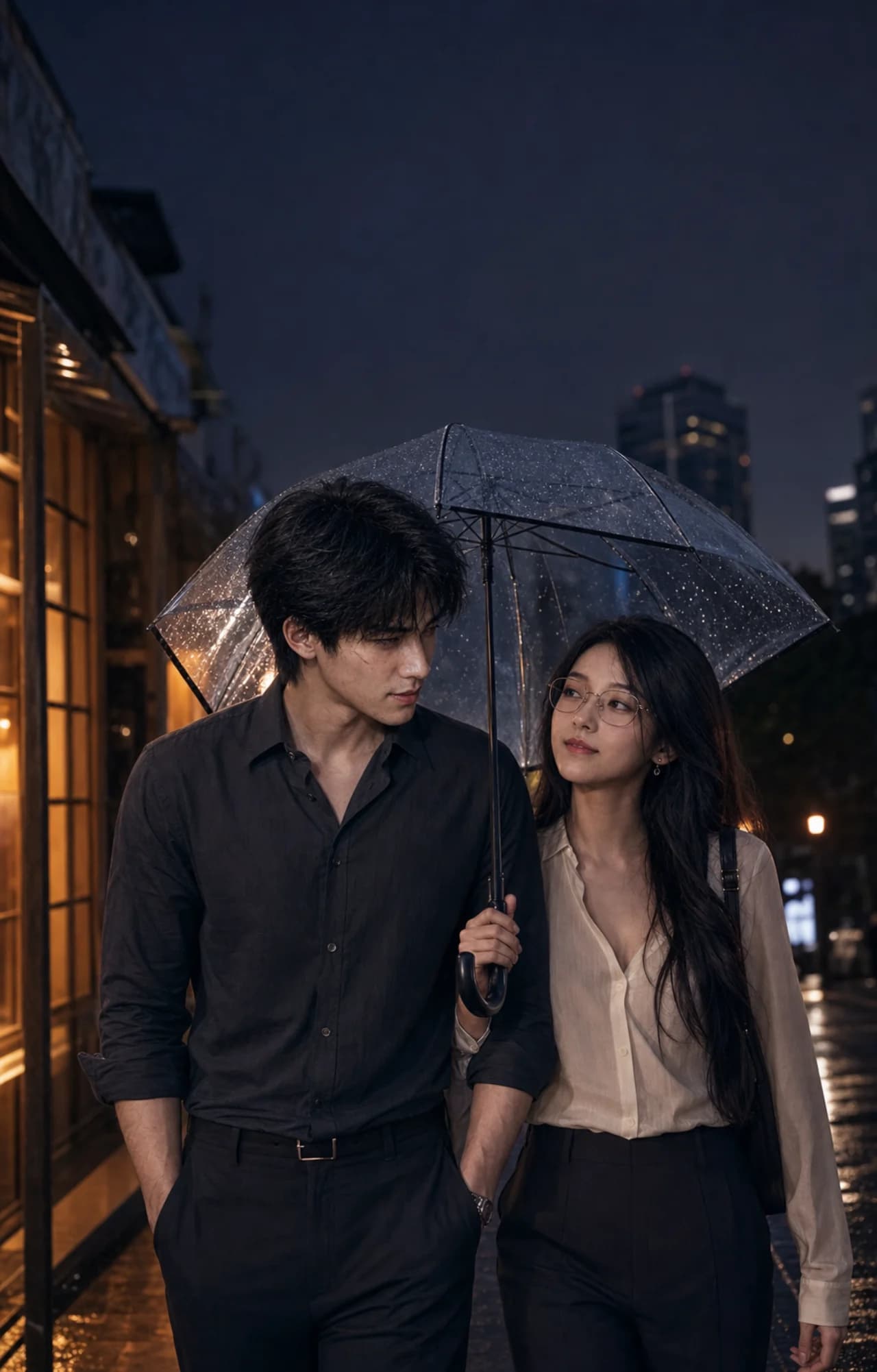 Tian and Lola walking together after work in the rain